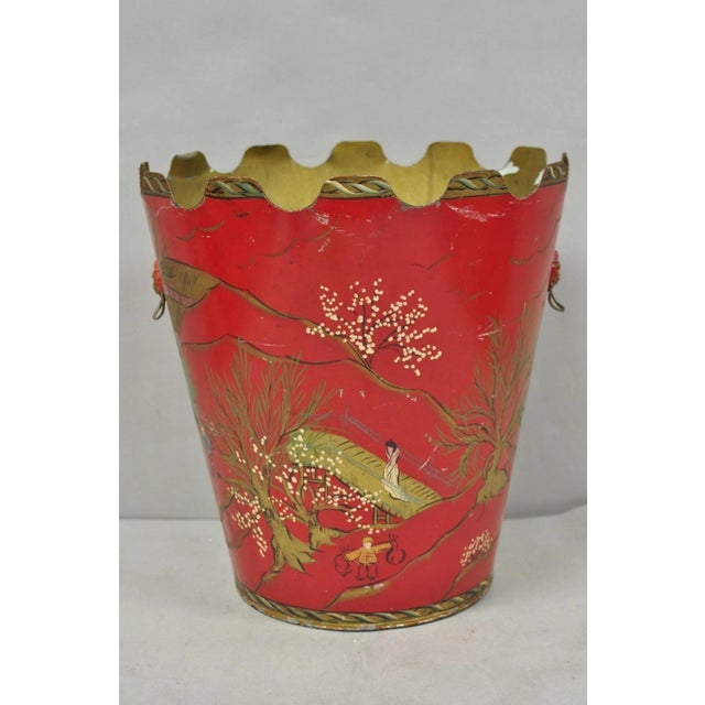 Vintage Italian Chinoiserie Hand Painted Oriental Red Tole Metal Wastebasket Trashcan. Circa Mid 20th Century....
