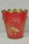 Vintage Italian Chinoiserie Hand Painted Oriental Red Tole Metal Wastebasket Trashcan. Circa Mid 20th Century....