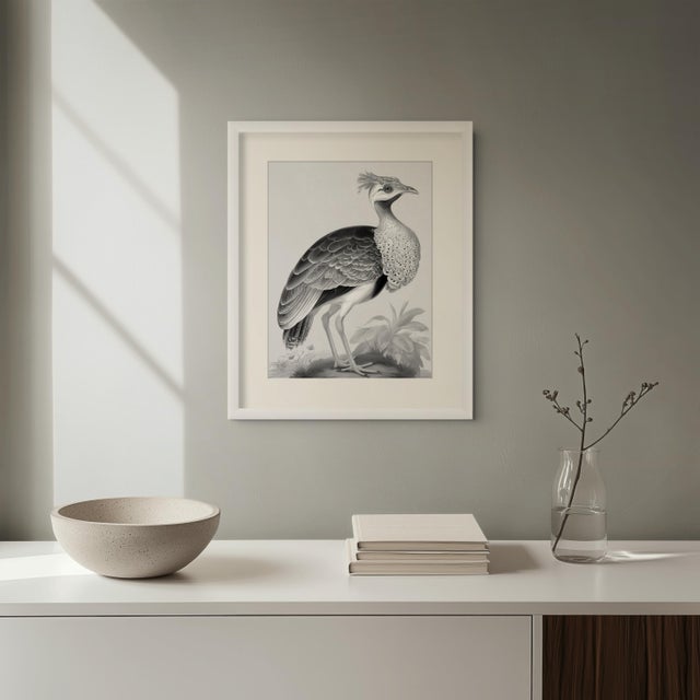 Great Bustard Bird is an elegant black-and-white fine art print reproducing the character of an antique natural-history...