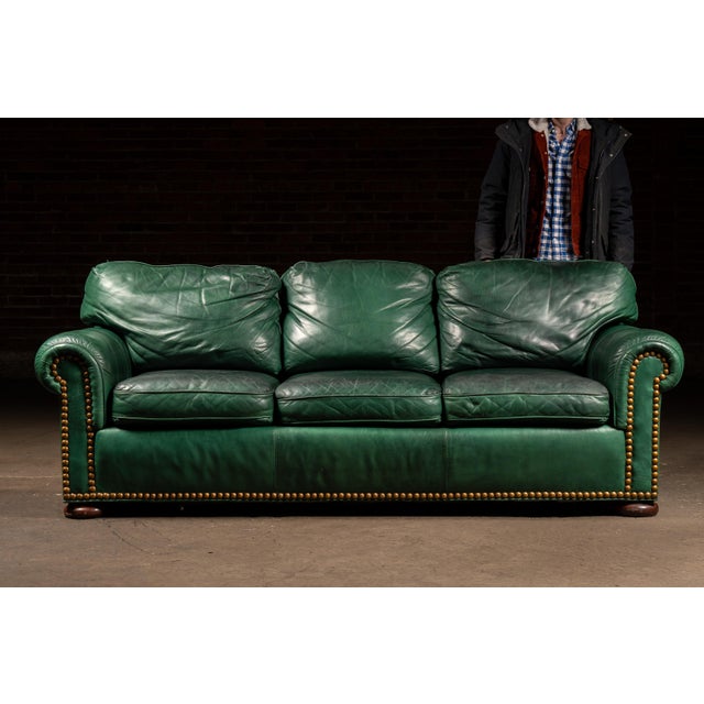 Vintage Leather Rolled-Arm Sofa in Green by Whittemore-Sherrill For Sale - Image 4 of 15