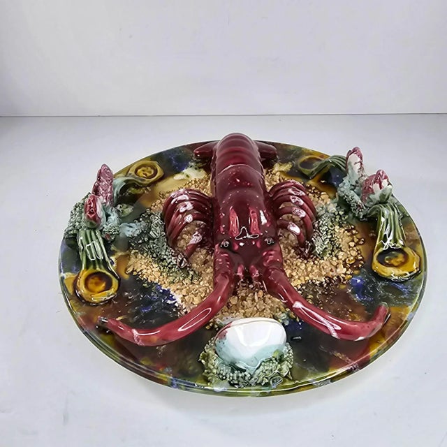 Red Vintage Jay Willfred Andrea by Sadek Lobster Plate Palissy Majolica, Portugal For Sale - Image 8 of 10