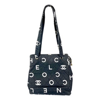 Chanel Vintage White Logo Black Canvas Tote Bag For Sale