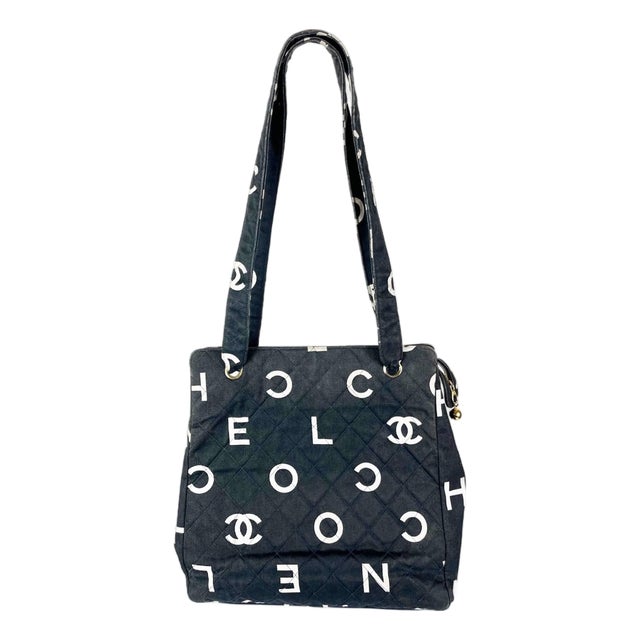 Chanel Vintage White Logo Black Canvas Tote Bag For Sale