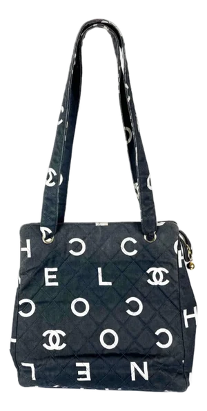 Chanel Vintage White Logo Black Canvas Tote Bag