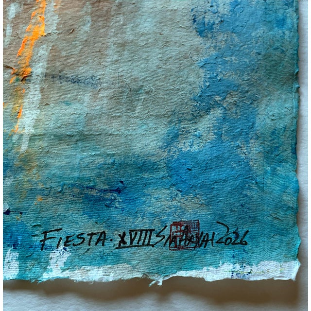 Fiesta. XVIII White Framed Abstract Orange / Blue Painting For Sale - Image 4 of 5