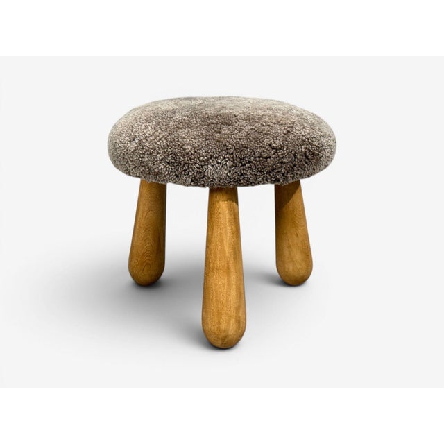 Wood Danish Modern Style, Gray Sheepskin, Maple, Shearling Footstools, 21st C. For Sale - Image 7 of 9