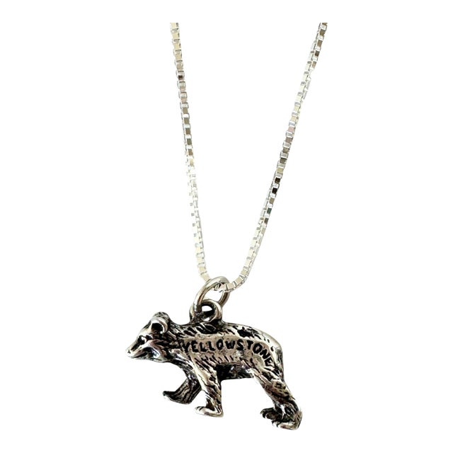 Wyoming Yellowstone National Park Bear Sterling Silver Vintage Charm on New 18 Inch Sterling Silver Necklace For Sale