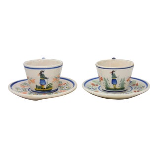 Late 19th Century Hand Painted France Henriot Quimper Man Faience Flat Cup & Saucer - 4pcs For Sale