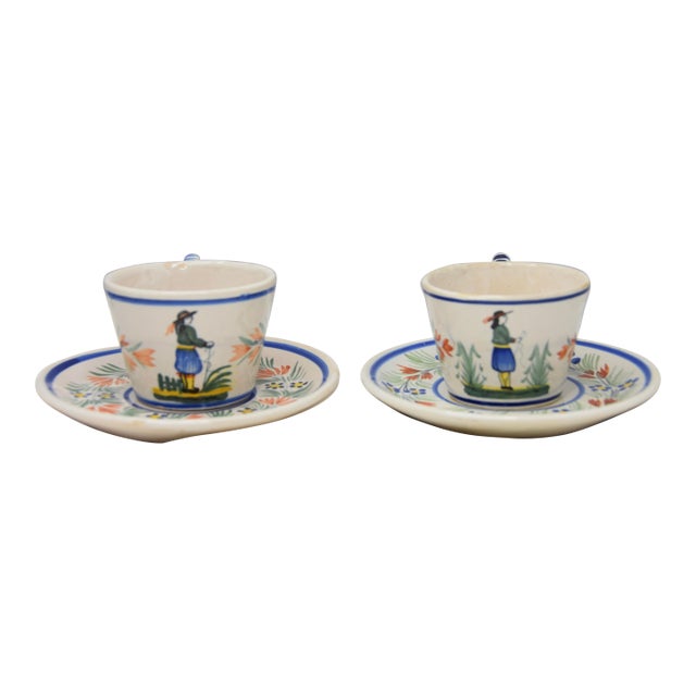 Late 19th Century Hand Painted France Henriot Quimper Man Faience Flat Cup & Saucer - 4pcs For Sale