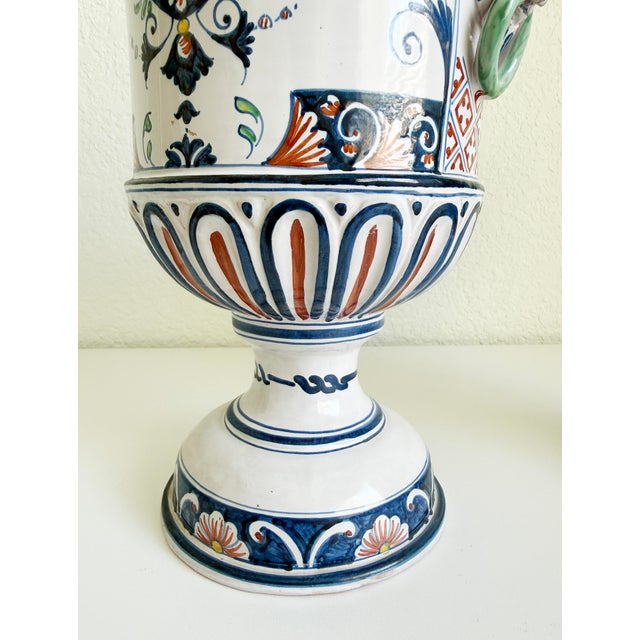 Pair of Mid-Century French Hand Painted Faience Urns With Ram Head Handles For Sale - Image 12 of 18