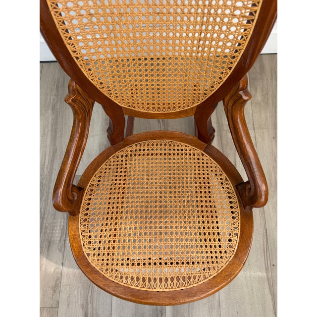 Antique Victorian Carved Wood Hand-Caned Rocking Chair For Sale - Image 9 of 17
