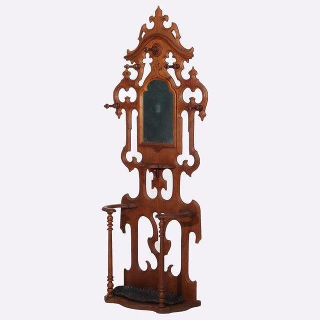 Victorian Antique Victorian Gothic Mirrored Walnut Hall Tree With Umbrella Stand C1890 For Sale - Image 3 of 12