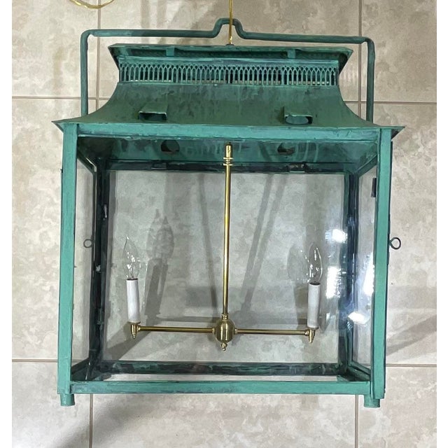 One of a Kind Hand-Painted Turquoise Hanging Lantern Steel & Solid Brass For Sale - Image 14 of 18