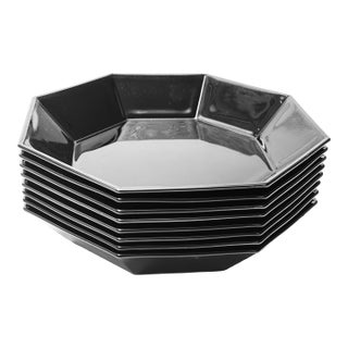 Vintage Arcoroc French Octagon Shaped Black Mod Glass Serving Bowls - 8 Pieces For Sale