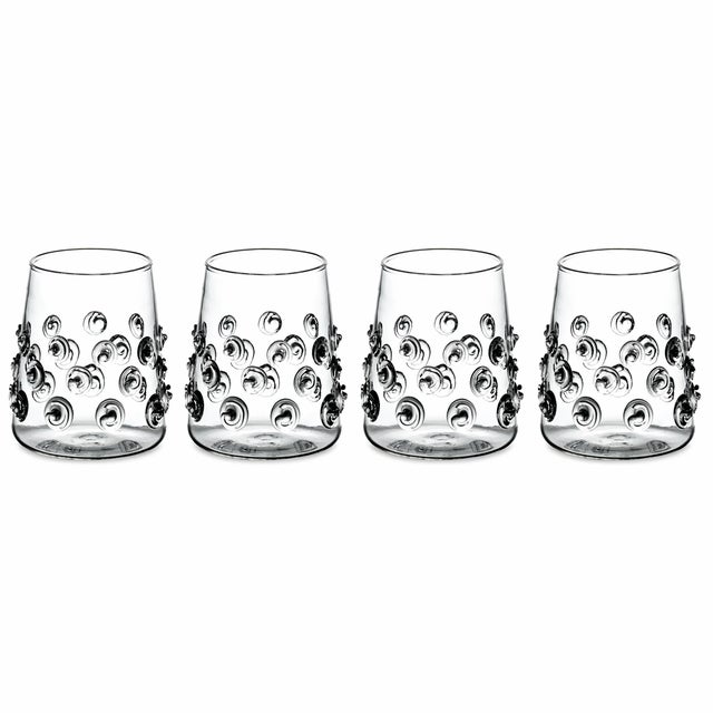 This is a lovely votive in clear mouth-blown glass is an attractive addition to any table. It is decorated in glass-...