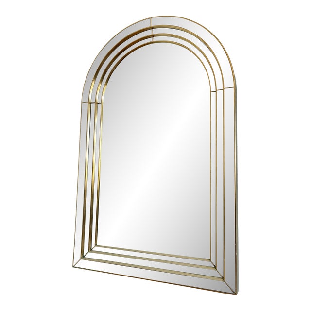 Large Vintage Deknudt Arched Beveled Panel Mirror – Gold, Belgium, 1980s For Sale