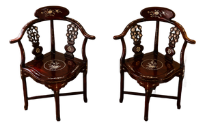 Vintage Chinese Carved Hardwood Corner Lounge Chair With Mother of Pearl Inlay