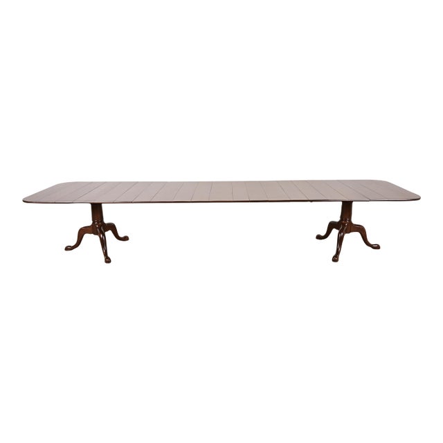 Baker Furniture Style Georgian Monumental Solid Cherry Wood Double Pedestal Extension Dining Table, Newly Refinished For Sale