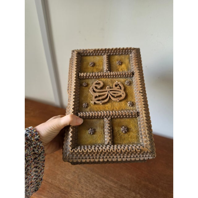 Antique Tramp Art Box Hand Carved Folk Art Keepsake Box Monogram R Velvet Jewelry Box Primitive Wooden Storage Decor For Sale - Image 6 of 15