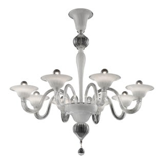 Contemporary Linear Transparent and White With Silver-Leaf Murano Glass Chandelier For Sale