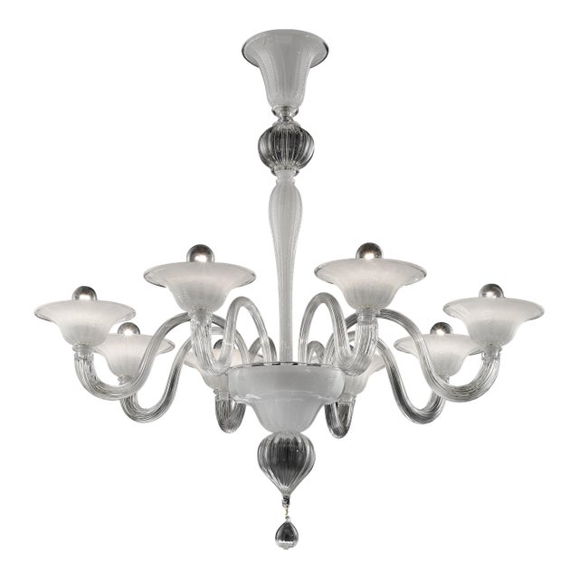 Contemporary Linear Transparent and White With Silver-Leaf Murano Glass Chandelier For Sale