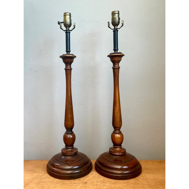 Vintage Theodore Alexander Turned Wood Candlestick Table Lamps - A Pair For Sale - Image 12 of 16