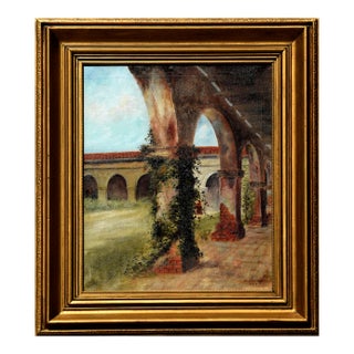 Angela Devlin "California Mission Courtyard Columns" Mixed Media Architectural Landscape 1926 For Sale