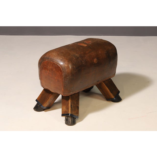 Bauhaus Vintage Leather Gymnastics Stool, Former Czechoslovakia, 1930s For Sale - Image 3 of 9
