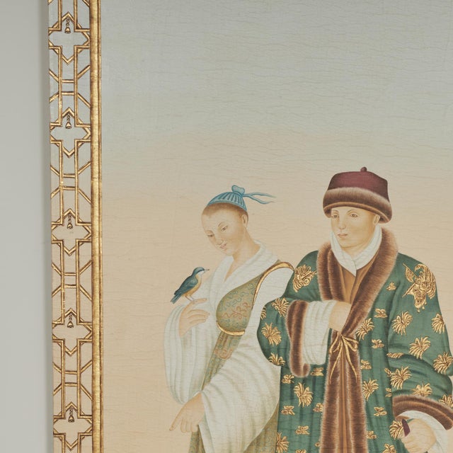 Large Oriental Style Painting of Figures in a Garden For Sale - Image 4 of 12