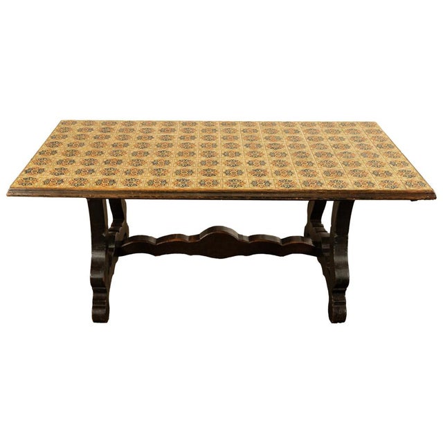 Antique Spanish Colonial Hacienda Walnut Talavera Tile Top Table Six Chairs 1890 For Sale - Image 11 of 17