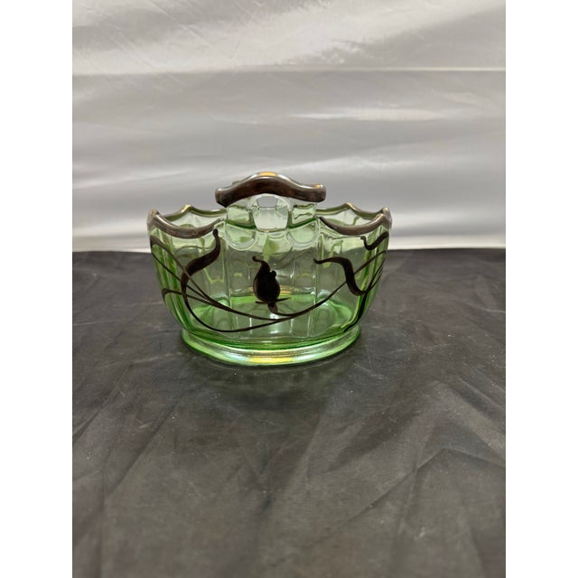 Mid 20th Century Rare Vtg. Green Uranium Glass Depression Bon Bon Candy Dish Curved Bow Handles For Sale - Image 5 of 9