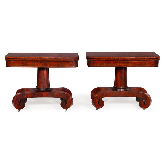 FINE PAIR OF AMERICAN CLASSICAL FLAMED MAHOGANY CARD TABLES Probably Boston, Massachusetts Circa 1820 Open: 27 3/4" H x 37...
