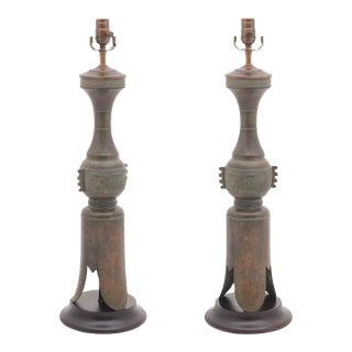 Striking Pair of Patinated Bronze Table Lamps by Marbro Lamp Co. - 1950s For Sale