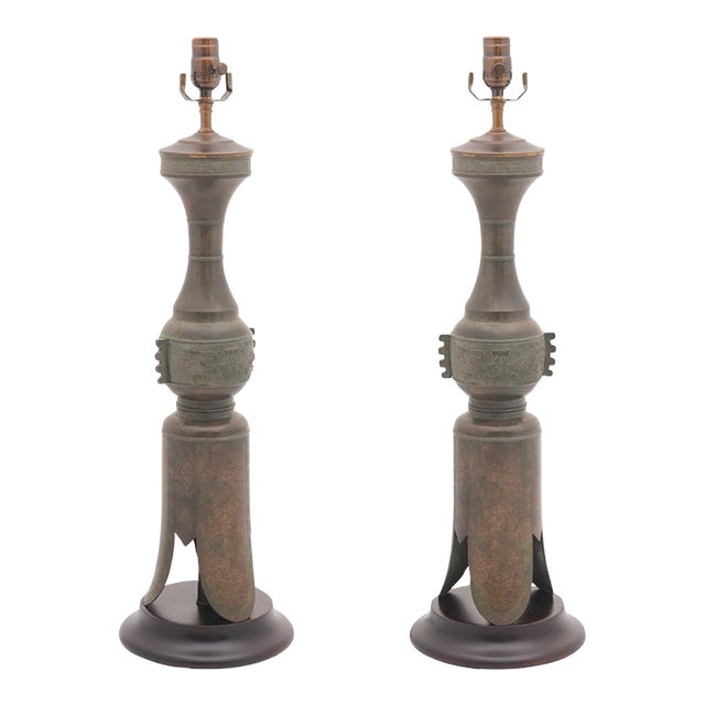 Striking Pair of Patinated Bronze Table Lamps by Marbro Lamp Co. - 1950s For Sale