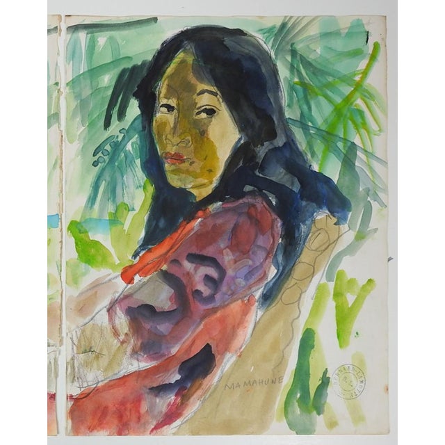 Early 20th century watercolor on two sketchbook sheets portrait of Tahitian woman by Bernard Lamotte (1903 – 1983)...