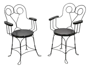Late 19th Century Antique Wrought Iron Twisted Metal Ice Cream Parlor Arm Chairs Wood Arms - Pair