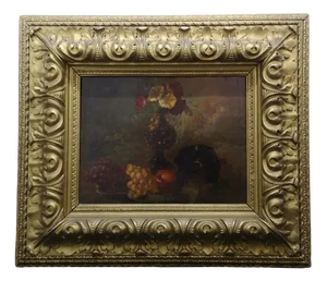 Still Life Painting with a Small Dog, Late 19th Century, Oil on Canvas, Framed