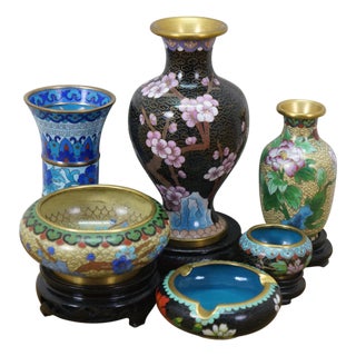 6 Chinese Brass Cloisonne Enameled Floral Vases Brush Bowls Ashtray Dishes For Sale