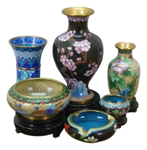 6 Chinese Brass Cloisonne Enameled Floral Vases Brush Bowls Ashtray Dishes