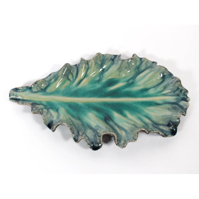 Aqua Large Acanthus Leaf Majolica Platter in Aquamarine by Jardins en Fleur For Sale - Image 8 of 12