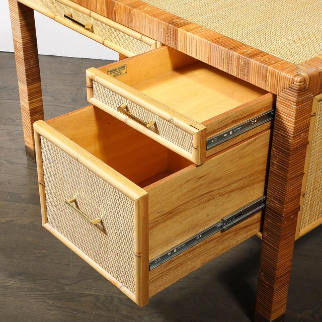 1970s Mid-Century Modernist Rattan & Bamboo Wrapped Desk Signed Bielecky Brothers For Sale - Image 5 of 18