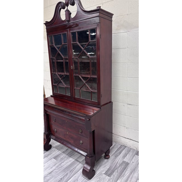 Antique Empire Flame Mahogany Secretary Desk and Bookcase For Sale - Image 4 of 18