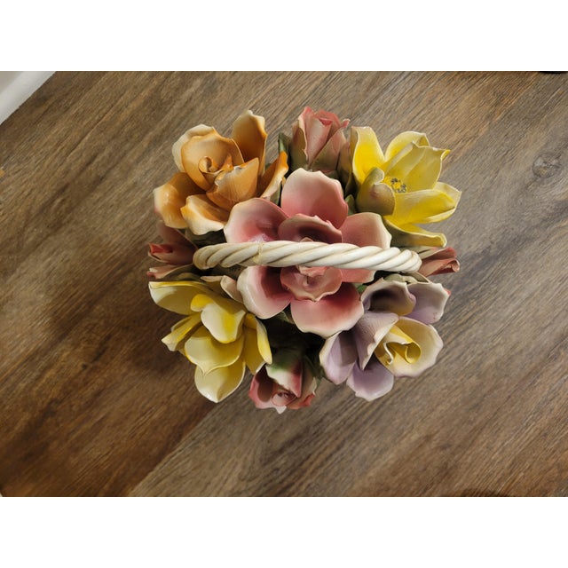 French Provincial Vintage Capodimonte Italy Porcelain Rose Flower Basket Crown N Original Tag For Sale - Image 3 of 10