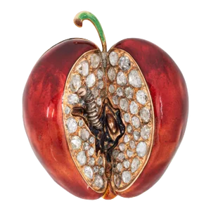 Vintage 7ct Diamond Apple Worm 14k Yellow Gold Red Enamel Pendant