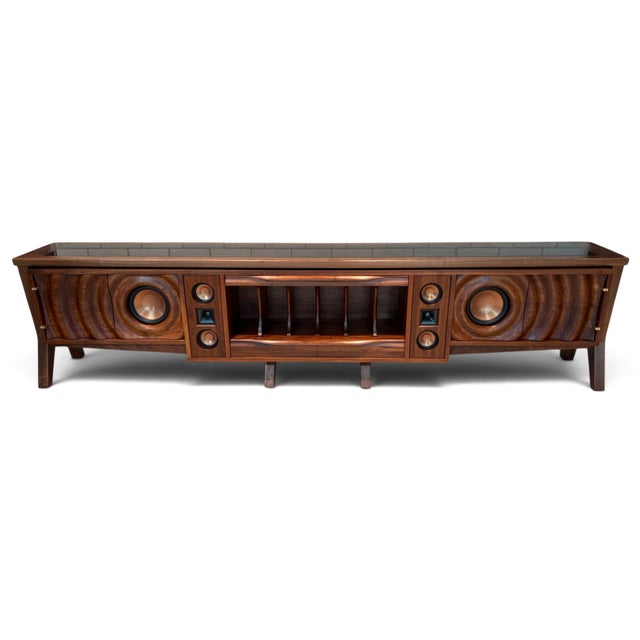 Modern Wave Stereo Console in Walnut With Inset Epoxy Top by Michael Maximo For Sale - Image 3 of 11