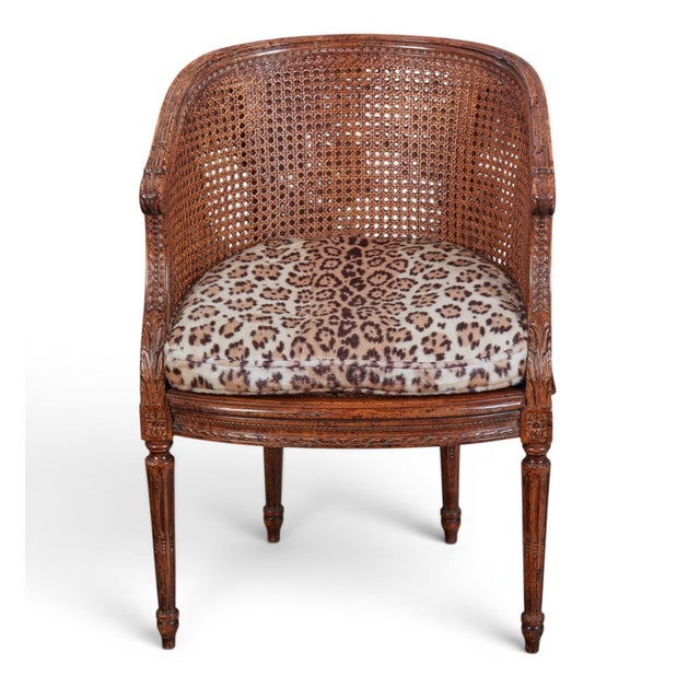 Louis XVI Carved Oak & Cane Barrel-Back Armchairs With Leopard Upholstery-Set of 6 For Sale - Image 10 of 13