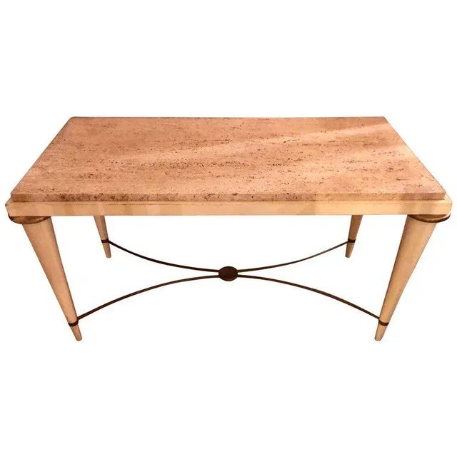 Mid-Century Modern Coffee Table Inset Travertine Marble-Top and Brass Stretcher For Sale - Image 10 of 10