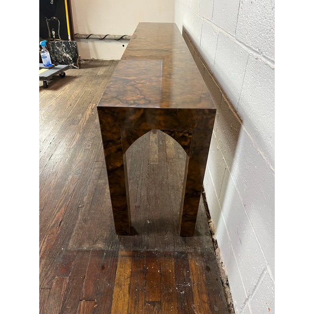 Brown Tortoise Burled Laminate Parsons Console Table For Sale - Image 8 of 9
