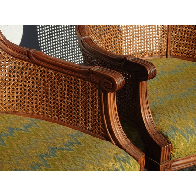 Pair of Vintage French Louis XVI Cane Bergere Green Arm Chairs For Sale In Los Angeles - Image 6 of 12