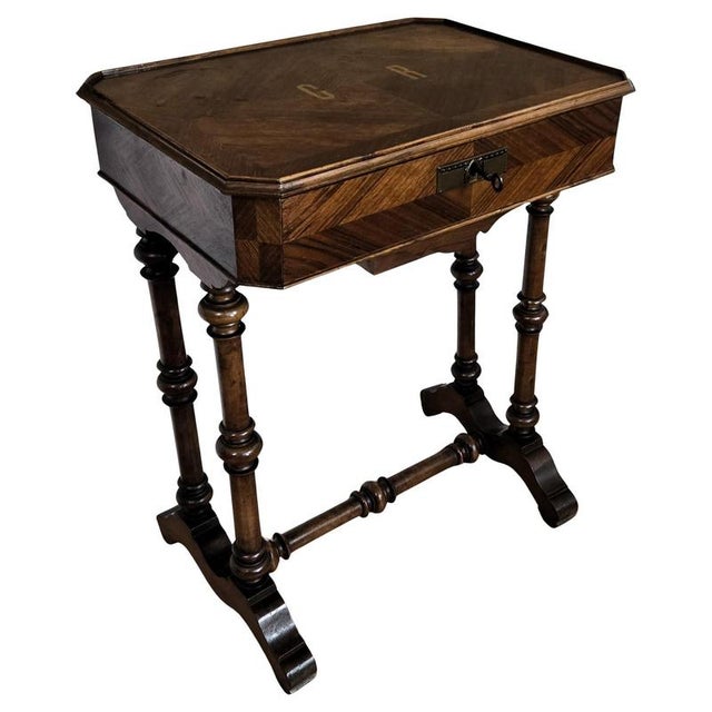 Antique Italian Inlaid Veneer Wood Sewing Side Table with Bobbin Barley Twist Legs, 1890s For Sale - Image 11 of 11